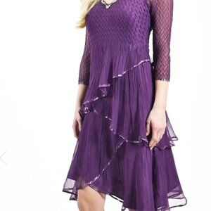 Komarov Womens Layered Purple V-Neck Tiered Chiffon Fit & Flare Dress Size L